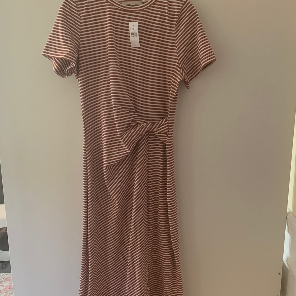 LOFT Brown and White Striped Midi Dress